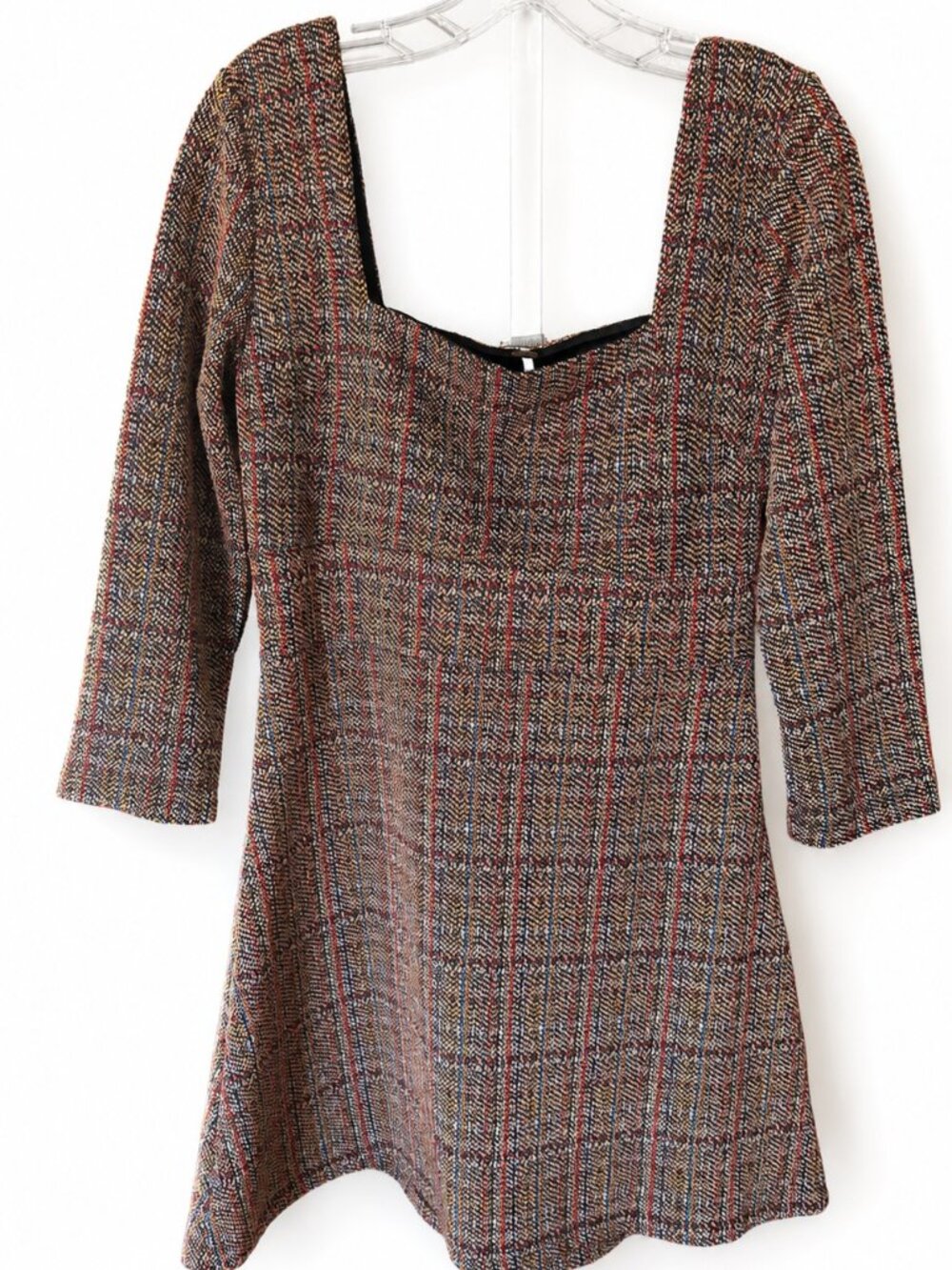 FREE PEOPLE Uptown Girl Multi Tweed Plaid Stretch Mini Dress Preppy Sz 10 EUC - Picture 6 of 11